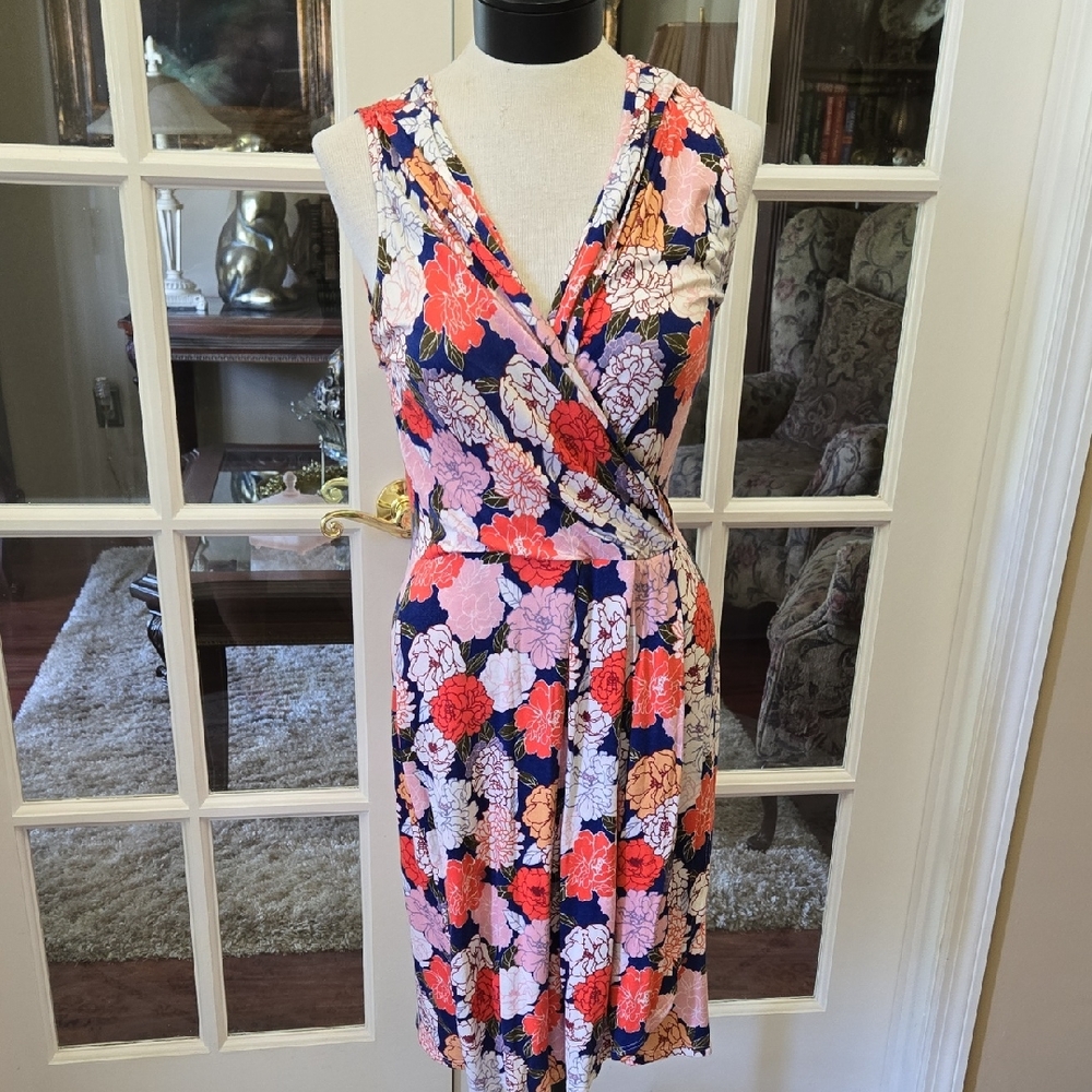 41 Hawthorn Coral Pink Navy Sleeveless Midi Dress Vneck Faux Wrap Lined M EUC